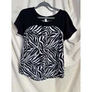 Perseption Concept Black White Zebra Print Stretch Knit Top Size Small